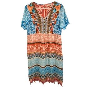 Dolma Embroidered Dress  Women Sz M Short Sleeve Floral India Tribal Cotton